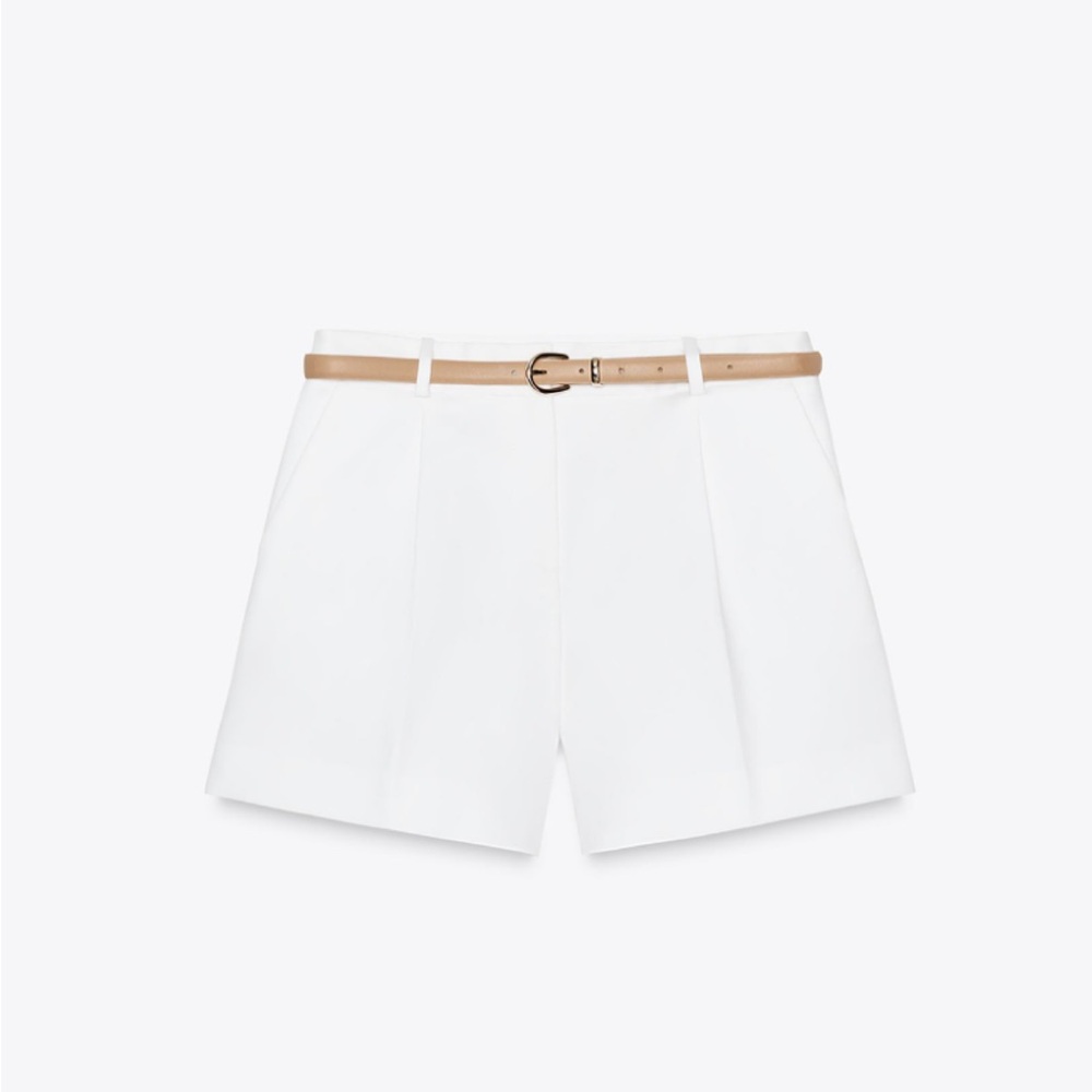 Zara High Waist White Shorts with Tan Belt